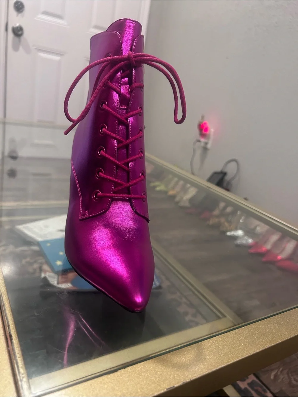 Metallic Fuchsia Lace-Up Pointed Ankle Boot